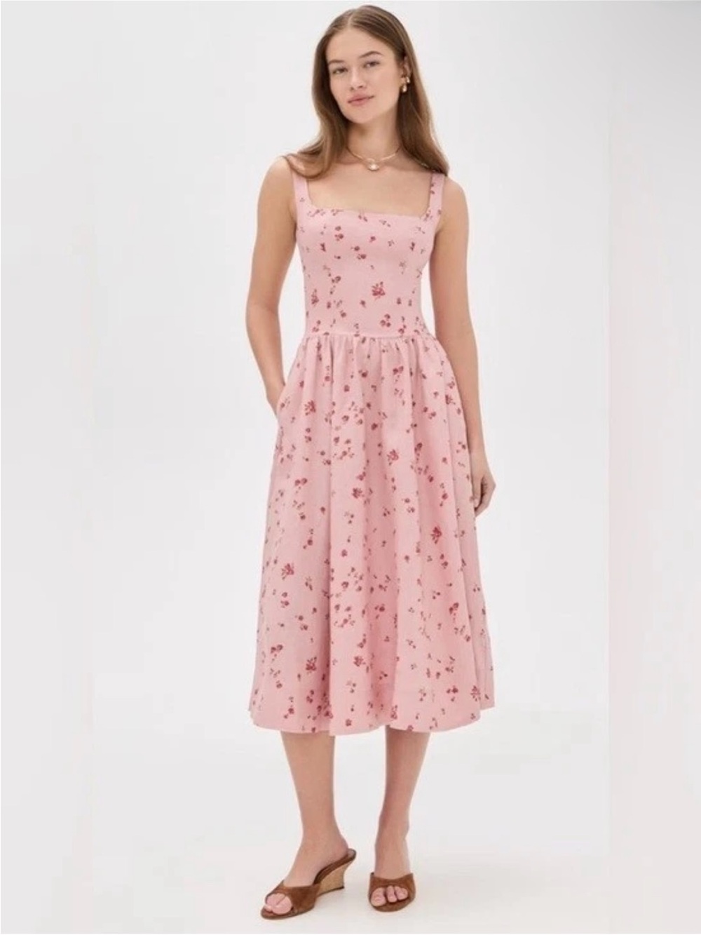 Reformation Janu Midi Linen Dress Noelia Pink Floral Pink Floral Square-Neck 4